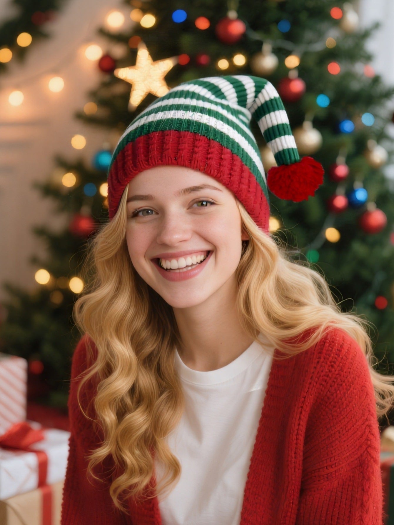Wholesale Christmas Knitted  Winter Striped Pom-Pom Holiday Wool Hat